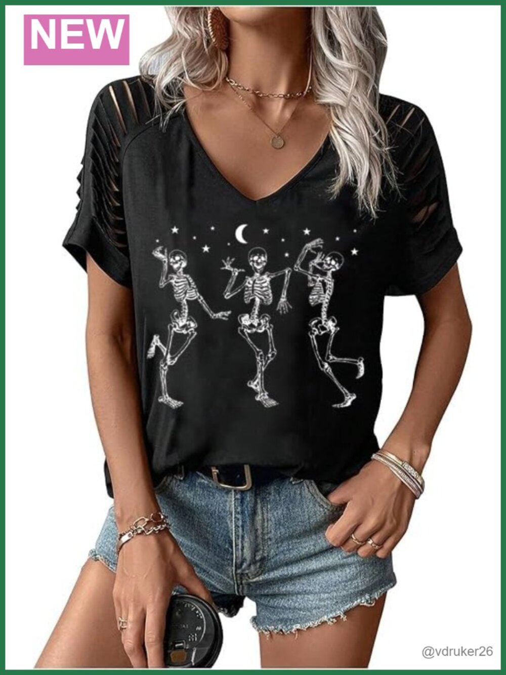 Womens Skull Graphic V Neck Short Sleeve T Shirt Cotton Blend